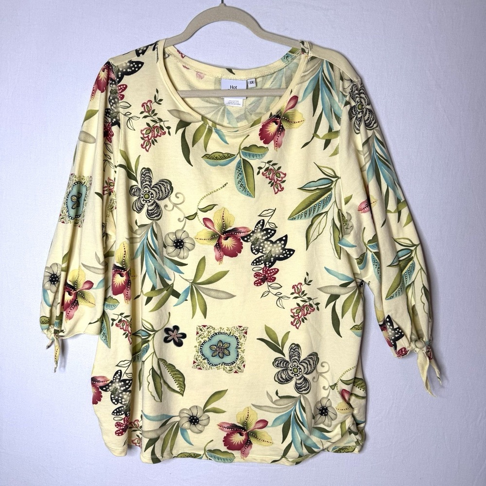 Hot Cotton Floral Top Sz 1X XL Garden Colorful 3/4 Slv Tie Summer Nature Yellow
